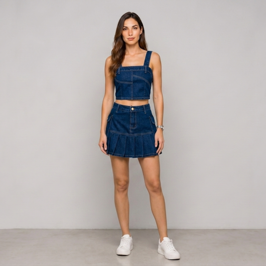 Denim Pleated Skirt Set