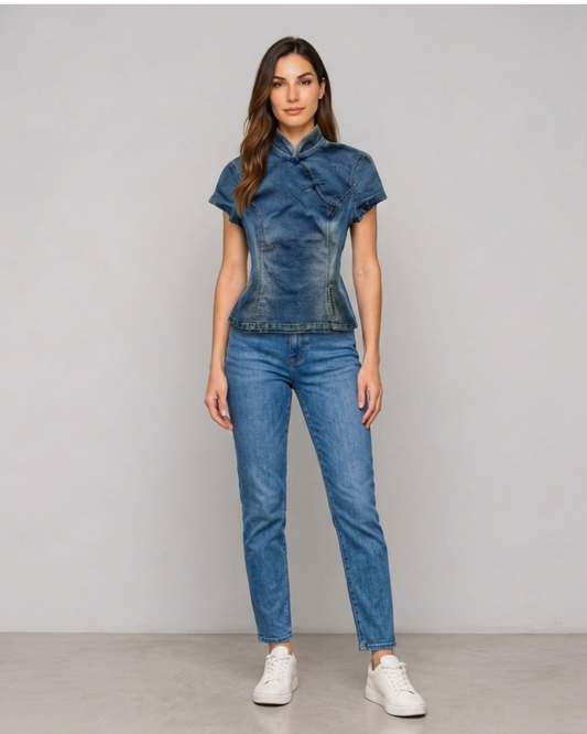 Denim Cheongsam Crop Top